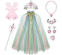 Cape de Princesse Paillettes Déguisement Elsa Enfant de Princesse avec Couronne Baguette Magique Collier Boucles d'oreilles Anneau Gants pour Cosplay Noël Carnaval Fête d'anniversaire(multicolore)