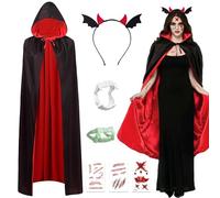 Cape de Vampire d'halloween Cape réversible de Vampire Cape de Cape à Capuche de sorcière avec dents diable bandeau écharpe tatouage Vampire Deguisement Adulte pour Halloween Fête Costumes de Cosplay