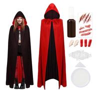 Cape de vampire d'Halloween Enfant,Noir Rouge Réversible Cape,Costume Halloween Vampire,des autocollants de tatouage,Avec des dents,Sang Artificiel,120/140 cm,Cosplay Costumes (Noir Rouge 140)