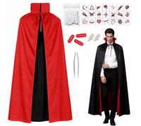 Cape de Vampire pour Halloween, 150cm Costume de Vampire Double Face Adulte | avec Dents Faux Sang et Tatouages Temporaires, Deguisement Vampire Hommes et Femmes pour Halloween Carnaval