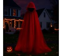 Cape d'elfe avec capuche, longue cape de vampire en tulle transparent gothique, fantôme, sorcière pour femme, costume d'Halloween à capuche pleine longueur (rouge)
