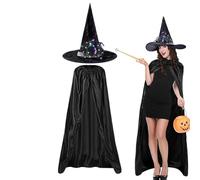 Cape d'Halloween, Capes d'Halloween pour adultes - Cape de sorcière du Cap magicien, costumes d'Halloween de Cape noire avec chapeau de sorcière lumineux pour adultes pour jeu de rôle costumé, photo