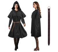 Cape médiévale 3 en 1 avec armure d'épaule et ceinture réglable - Cape à capuche - Vêtement de renaissance pour homme et femme - Costume polyvalent pour sorcière, pirate, cosplay (LARP, Hobbit