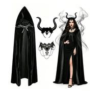 Cape Noire à Capuche, Costume de Diable pour Femme, Cornes de Diable Serre Tete, Collier de Dentelle Gothique Serre, Cape à Capuche Noir en Velours, pour Cosplay, Halloween, Carnaval, Déguisement