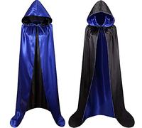 Cape noire à capuche pour costume vampire homme, cape médiévale femme pour Halloween, cape réversible noire, rouge, vert, violet, bleu pour costume de sorcière, 140 cm (bleu/noir)