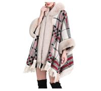 Cape Poncho à capuche pour femme en fausse fourrure,doublure polaire chaude,cape de poncho de Noël,écharpe à carreaux,pompon,pull châle,cardigan ouvert sur le devant, manteau de couverture pour fe