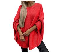 Pull Cape Tricoté élégant pour Femme, Pull Poncho pour Femme, Pull Chauve-Souris en Tricot Côtelé, Pull Décontracté à Col Rond, Manches Longues, Pull Tendance pour L'automne (Rouge,S/M)