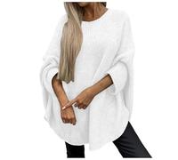 Pull Cape Tricoté élégant pour Femme, Pull Poncho pour Femme, Pull Chauve-Souris en Tricot Côtelé, Pull Décontracté à Col Rond, Manches Longues, Pull Tendance pour L'automne (Blanc,S/M)