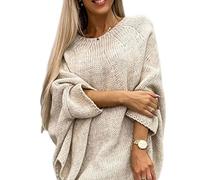 Pull Cape Tricoté élégant pour Femme, Pull Poncho pour Femme, Pull Chauve-Souris en Tricot Côtelé, Pull Décontracté à Col Rond, Manches Longues, Pull Tendance pour L'automne (Abricot,S/M)