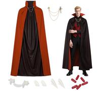 Cape vampire 6Pcs avec col, 150 cm Cape vampire double face pour adulte avec 3 types de crocs de vampiro, faux sang et broche, costume d'Halloween, costume Dracula, cape vampiro pour carnaval cosplay