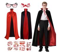 Cape Vampire Halloween, 7 Pièces Réversible 150cm Rouge et Noir Costume de Vampire avec Nœud Papillon, Lunettes Sanglantes, Autocollants, Deguisement Sorcier pour Halloween, Carnaval, Cosplay