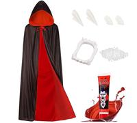Cape vampire unisexe pour enfants, ensemble costume vampire - Cape Halloween double face avec capuche, dents et faux sang, caper Dracula noire et rouge, costume Halloween pour enfants, vampiren