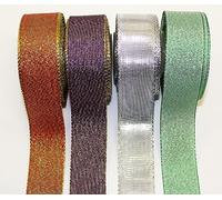 CaPiSo Ruban de satin 4 couleurs de 10 m - Mélange de 25 mm - En lurex à paillettes - Ruban décoratif avec fil de fer - Bord métallique - Noël - Rouge + violet + argent + vert (fin 15)