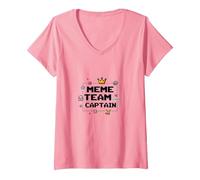 Capitaine de l'équipe Meme : Responsable de la Culture Internet T-Shirt avec Col en V, Femme, Rose, XL