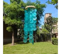 Capiz Carillon éolien en coquillage de 71,1 cm fabriqué à la main, décoration de plage pour jardin, terrasse, ornement à suspendre sur le thème de l'océan (bleu paon)