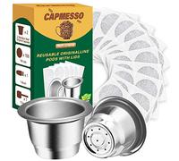 CAPMESSO Capsules de café réutilisables en acier inoxydable compatibles avec les brasseurs Nespresso OriginalLine (2 tasses + 100 couvercles)