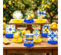 capri citron bleu jaune carreaux decors | Décorations citron pour fête italienne anniversaire mariage babyshower tuiles motifs centraux bleu jaune