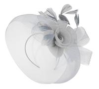 Caprilite - Chapeau bibi avec plumes et fleurs - Voile en maille avec serre-tête et pince - Ascot Derby pour mariage et courses hippiques, gris argenté, Taille unique