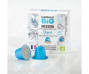 CAPSUL&BIO Infusion Digest BIO - Compatible avec les machines à Capsules Nespresso - Camomille, Fenouil, Sans Caféine - 10 Capsules Biodégradables, 100% Végétales - Fabriqué en France.