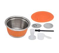 Capsule de café réutilisable en acier inoxydable, rechargeable, avec tamper pour - comprend une cuillère, une brosse et un couvercle presse-poudre - compatible pour une (Orange)