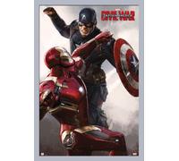 Captain America - Poster - Civil War - Cap vs Iron Man + cadre interchangeable, Shinsuke® Maxi MDF argenté, vitre acrylique
