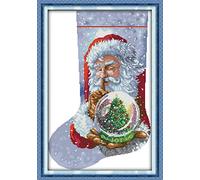 CaptainCrafts Kit de broderie au point de croix à faire soi-même - Motif de chaussette de Noël - Père Noël (D, pré-impression estampillée 14 carats, 49,3 x 71,1 cm)