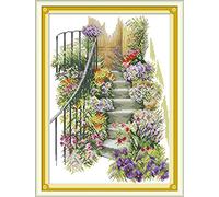 CaptainCrafts- Kit de broderie au point de croix pré-imprimé pour débutants, enfants et adultes, escalier fleuri(Point compté Canevas 11CT pré-imprimé non disponible)