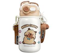 Capybara Bouteille d'eau avec couvercle et paille en silicone 530 ml Bouteille d'eau isolée en acier inoxydable Gobelet