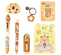 Capybara Coffret cadeau de papeterie 7 pièces comprenant un carnet de notes, un stylo, un porte-clés, un stylo gel, une gomme, un marque-page, une broche en peluche, fournitures scolaires mignonnes