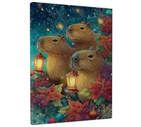 Capybara Décoration murale de Noël fantaisie, lanterne florale rouge et verte, décoration de maison de vacances pour salon, chambre à coucher, bureau, toile enveloppée 40,6 x 50,8 cm
