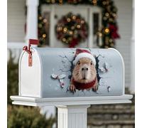 Capybara Housses magnétiques pour boîte aux lettres, décoration de boîte aux lettres blanche avec chapeau de Père Noël, houx, 45,7 x 53,3 cm