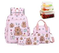 Capybara Lunch Box - Ensemble sac de dessin animé de 42 cm, sac à livres avec sangle réglable, paquet avec fermeture éclair, compagnon d'école au design léger | Accessoire de voyage pour enfants