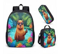 Capybara Lunettes de soleil Feuille de lotus 43,2 cm Sac à dos 3 pièces Ensemble de 3 pièces Sac d'école Jungle tropicale Cascade Sac d'école Enfants Filles Garçons, 06, L, Minimaliste