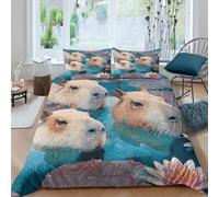 Capybara nageant Parure de Lit Microfibre résistante 3 pièces 3D Effet Confortable Nature illustration Ensemble De Literie avec Fermeture Éclair Douce for Enfants Garçons Ado Single（135x200cm）