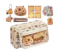 Capybara Pencil Pouch - 21x10.5x13cm Woven Fabric Washable Case, Wide Opening Mouth Design, 9 Compartment Organizer Bag, Cute Stationery Storage Kit Plush Pendant Brooch Set | For School Classroom