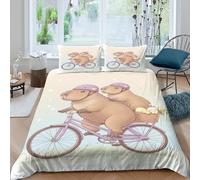 Capybara riding bike Ensemble De Literie 3 Pièces 3D Imprimée Microfibre Hypoallergique Cartoon animal Linge de Lit avec 2 Taies d'oreiller Hypoallergique for Décoration de Chambre Single（135x200cm）