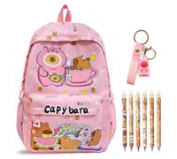 Capybara Schoolbag en Couleur Rose, Cartoon Sac à Dos Scolaire en Nylon Grande Capacité 18.9L Kawaii Capybara Porte-Clés PVC, 6 Crayons gel Effacables 0.5mm Pen Set Cute Cadeau pour Enfants Élèves
