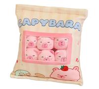 Capybara Snack Bag Pillow - Cuddly Fun Comfort, Clear Window Display Window Feature, 35x45cm Size + 6 Mini Stuffed Dolls, Soft Short Plush Shell Cotton Filling - For Kids Bedroom & Travel Sleep