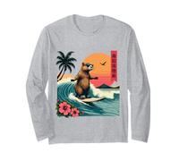 Capybara Surf Wave Retro Palm Tree Sunset Capybara Lovers Manche Longue