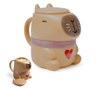 Capybara Tasse à café avec couvercle - Tasse Capybara amusante - 400 ml - En céramique 3D - Personnalisable - Cadeau mignon - Pour lait, café, jus (marron)