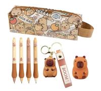 Capybara Trousse à crayons 7 pièces Capybara Trousse transparente avec compartiments, stylos gel effaçables, porte-clés en silicone, rouleau à crayons, cadeau mignon pour enfants pour papeterie