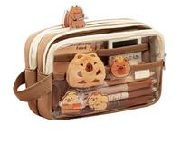 Capybara Trousse à crayons avec compartiments - Jolie pochette à stylos Capybara avec 100 autocollants, 2 broches et 1 poupée, sac de rangement de grande capacité pour papeterie scolaire, 2 pièces