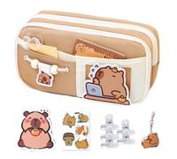 Capybara - Trousse à crayons Capybara à large ouverture, multi-couches, avec fermeture éclair, 22 x 7 x 12 cm, fournitures scolaires multicolores avec clip autocollant, pendentif pour enfants