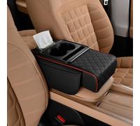 Car Armrest Cover with Cup Holder, 5-in-1 Car Center Console Organizer with Phone Slot, Tissue Holder & Dual Storage Bags, Memory Foam Center Console Cover for Sedan SUV Truck (Black/Red)