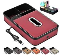 Car Armrest Storage Box with LED Ambient Lighting,Car Center Console Organizer with Cup Holder and Tissue Box,Colorful Light and USB/PD Fast Charging,Universal for Most Vehicles (Red)