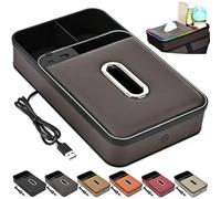 Car Armrest Storage Box with LED Ambient Lighting,Car Center Console Organizer with Cup Holder and Tissue Box,Colorful Light and USB/PD Fast Charging,Universal for Most Vehicles (Brown)