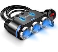 Car Cigarette Lighter Adapter 3 Sockets with Voltage Display LED Car Charger Dual USB On/Off Switches 12V Car Dashcam Splitter Adapter (Black)