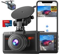 Car Dashcam Front Rear Camera 2.5K+1080P with 64G SD Card WiFi & App,170° Wide Angle Dash Cam,Night Vision,WDR,G-Sensor,Parking Mode,Loop Recording