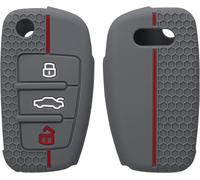Car Key Case Compatible With Audi 3-Button Car Key Accessory-Protective Soft Silicone Case-Grey-Red