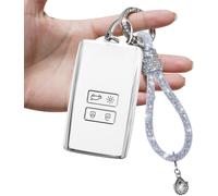 Car Key Case Compatible With Renault 4 Buttons,Tpu Silicone With Shiny Strap,Key Free Protective Case For Koleos Clio Megane Duster Kadjar-White